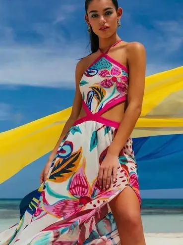 PatBo Flora Halterneck Summer Beach Midi Dress Size Medium White