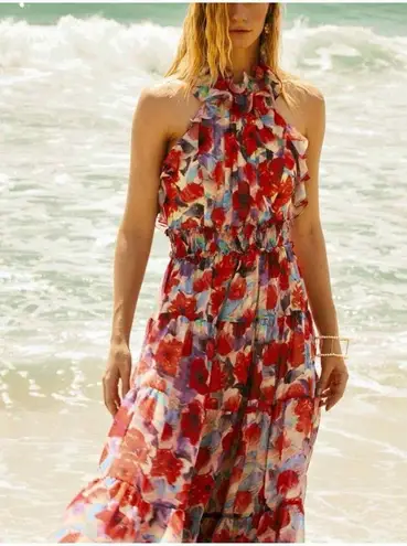 PATBO Violet Floral Flutter Halter Style Maxi Dress Size US 8 Cherry