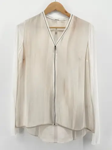 Elie Tahari 100% Silk V-Neck Zip Front Blouse Med Beige Watercolor Keyhole Back