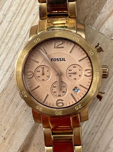 Fossil Boyfriend Chronograph Ladies Watch Rose Gold Tone Case Bracelet Dial Date