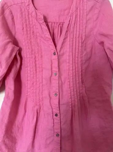 Chaus Sport Top Linen women’s S Pink Roll Tab Sleeves Button up Pin Tuck Blouse