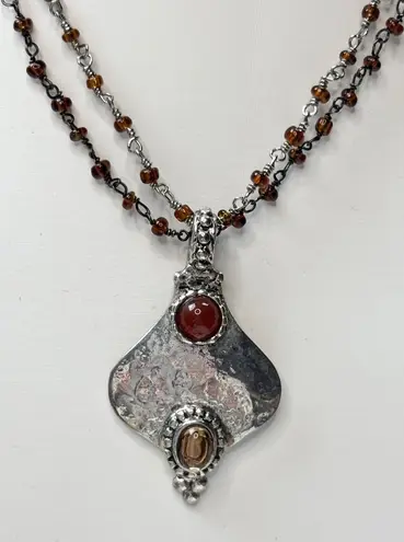 Handcrafted Sterling Silver Pendant Necklace With Amber Bead Chain & Carnelian G Size 18