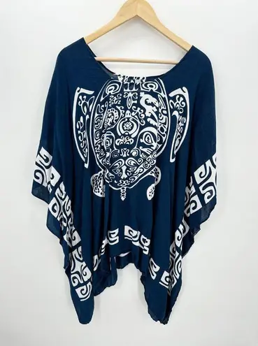 Navy Blue White Turtle Swim Cover Up Bathing Suit Rayon Boho Vacation Beach OS Size undefined