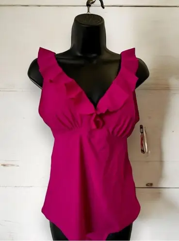 DKNY  Swimsuit Ladies Tankini top in ruffle Fiesta pink size large