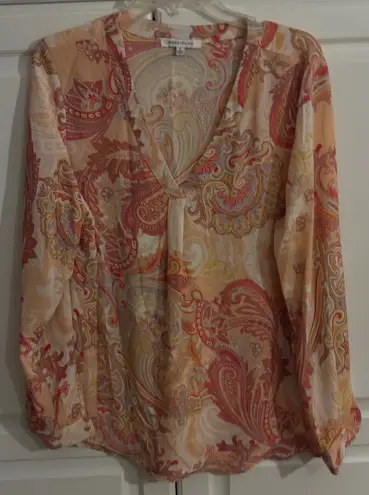 Rose Olive Paisley Print V Neck Long Sleeve Blouse Womens XL Peach Pink Orange