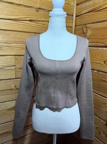 Happily Grey Ribbed long sleeve scoop neck beige/tan crop top size xl Tan