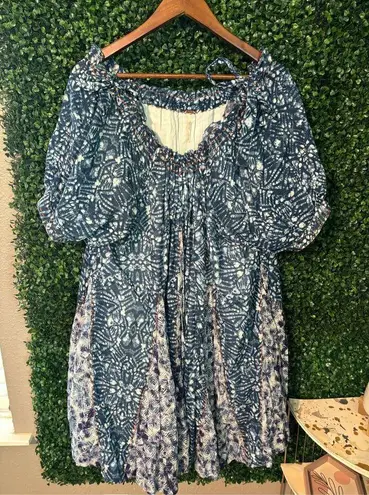 Free People  JET SET MINI DRESS MIXED PRINTED TUNIC Oversized DRESS Blue sz small