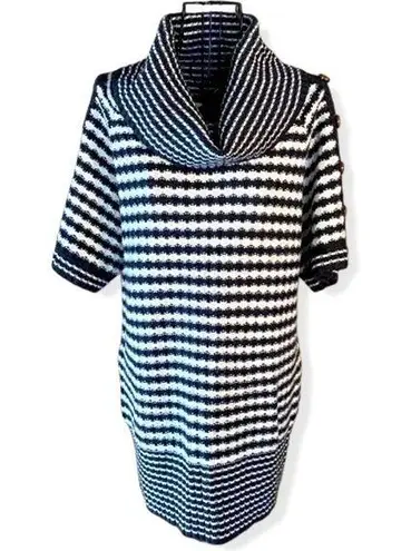 Design History Striped Short Sleeve Cowl Neck Long Sweater Gray/Cream Medium