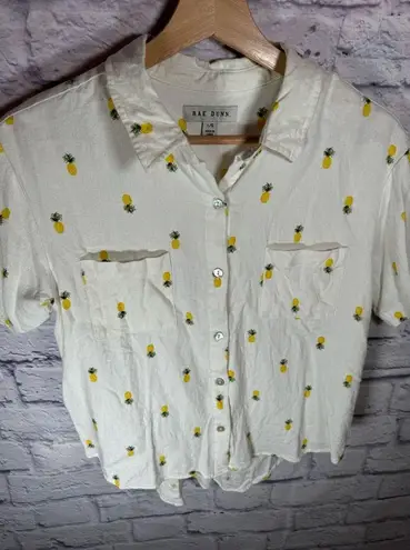 Rae Dunn  Women's Linen Pineapple Print Button Up Shirt Short Sleeve Collar Large