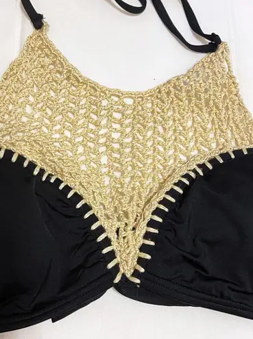 The Bikini Lab Crochet High Neck Bikini Set Top Bottoms Swim Black Hipster Halter