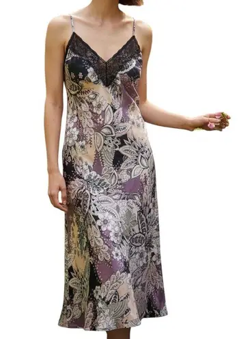 Linea Donatella Floral Lace Trim Slip Dress Midi Nightgown Purple Pink Black L