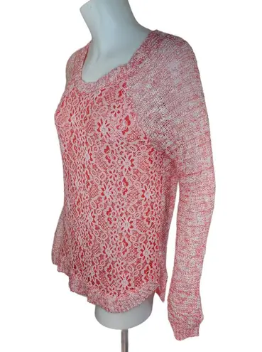 Cloud Chaser Size Large Pink White Open Knit Floral Lace Long Sleeve Sweater