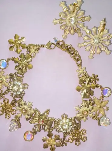 Kirks Folly 'Flurries' Snowflake Charm Bracelet & Earrings Gold