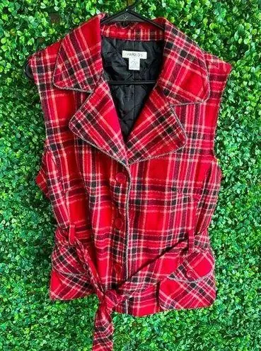 Vintage Harold’s Red and Black Plaid Wool Vest with Belt Size XL