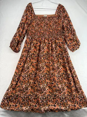 Beach Lunch Lounge Smocked Midi Dress Animal Print Long Sleeve Casual XL Brown