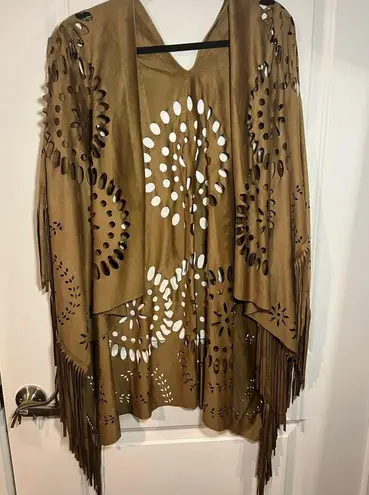 Unbranded One Size Brown Tan Faux Suede Cut Outs Boho Fringe Poncho/Kimono