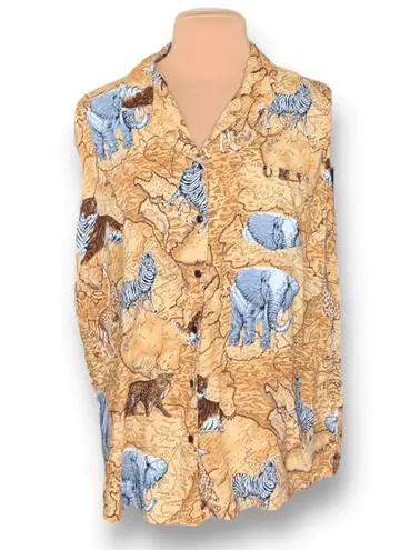 Vintage 90s North Crest Shirt Tan Sleeveless African Map Animal Print Plus 2X