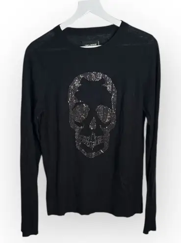 Zadig & Voltaire Black Cashmere Sweater with Silver Rhinestone Skull W1959 Sz L
