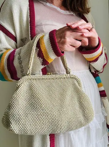 Vintage 1950s Handbag Top Handle Beaded Retro Corde' Bead Neutral Purse