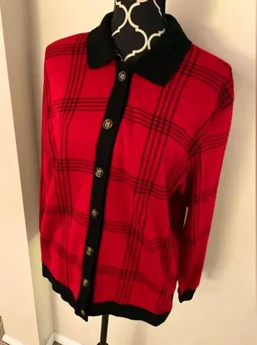 Cathy Daniels EUC  Red and Black Square Pattern Button Down Sweater size large