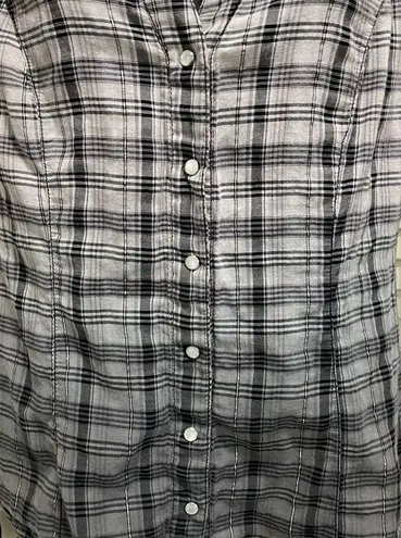 Guess  Gray/Black Plaid Long Sleeve Pearl Snap Shirt Studs Size M Rhinestones Raw