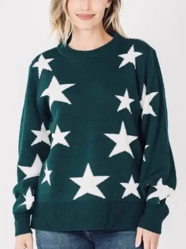 Zenana Hunter Green Star Knit Sweater + Bonus Mask