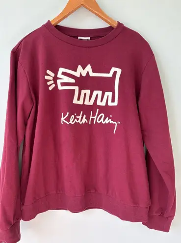 Keith Haring Dog Art Sweatshirt Maroon Crewneck Long Sleeve Pullover Women's M Red Size M