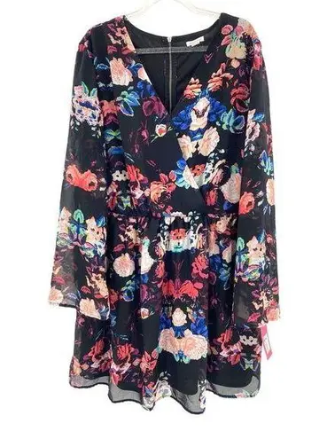 Xhilaration   Women's Black Floral Long Sleeve V-neck Dress size XXL NWT Romantic