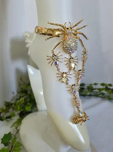 Boutique Unique Statement Gold Bracelet / Anklet with Attached Ring AB Spider Des…