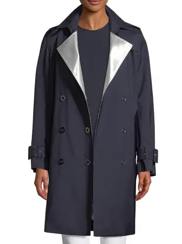 Elie Tahari Natania Contrast-Face Double-Breasted Trench Coat Jacket Blue NEW