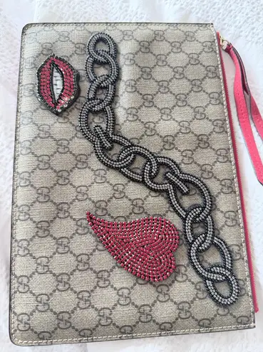 Monogram Zip clutch Web heart , lip and chain Embroidered Red