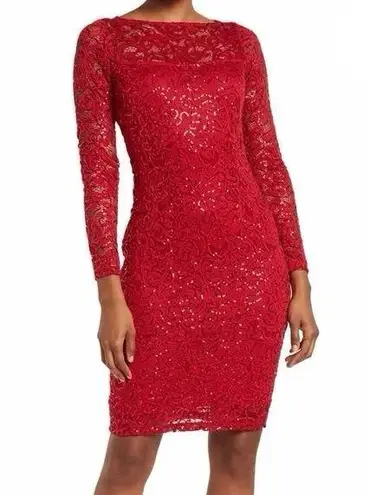 Marina Round Neck Ruched Side Sequin Lace 3/4 Sleeve Sheath Dress Red Sz 6