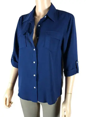 GILLI Blue Contrast Print Wear to Work Button Down Blouse SMALL