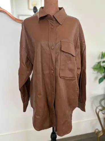 En;semble Faux Leather Shirt Jacket Button Down Oversized Brown Shacket Medium