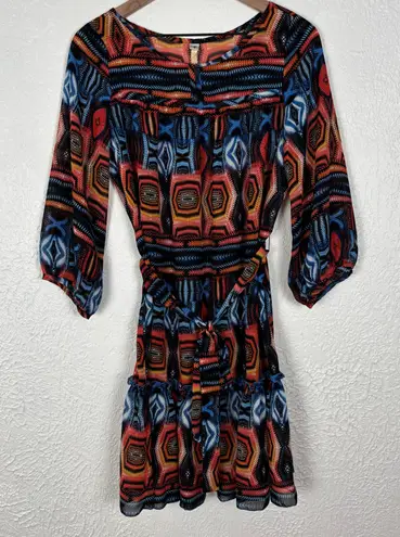 Uncle Frank Vibrant Vivid Bold Geometric Print Tie Waist Mini Dress Boho Small - Image 1