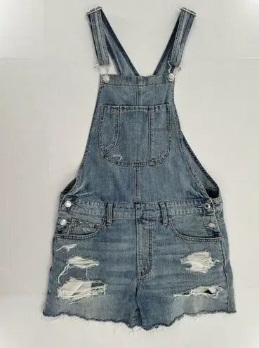 American Eagle  Bib Overall Shorts Sz S Distressed Blue Denim Shortalls 4”’inseam