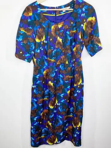 Boden Blue Brown Yellow Printed Short Sleeve Silk Blend Dress Womens Size 6 Long