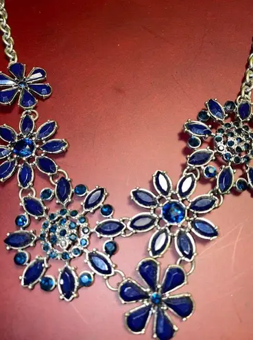 Bib Blue Floral Flowers Statement Necklace Art Deco Design Lobster Adjustable