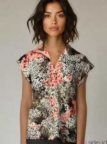 Mardi Modes New York ILGWU Vintage Floral Wide Collar Cap Sleeve Blouse USA Brown Size M