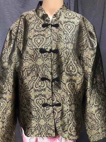 Metaphor Gold Black Brocade Asian style Jacket Mandarin Collar Womens XL