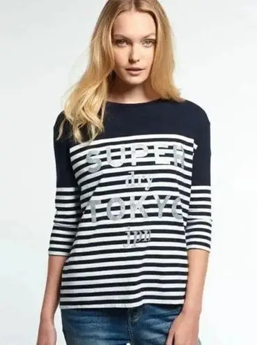 Superdry JPN Nordic Half Sleeve Top S Striped Blue White Glitter Spell Out Logo