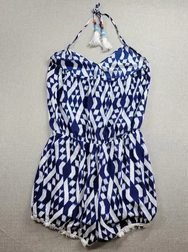Eclair Womens Romper L Blue Geometric Backless Halter Tassels Fringe Summer Size L