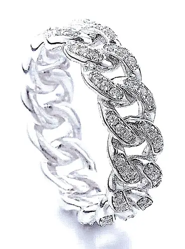 Boutique 8mm Iced White Gold‎ Plated Sterling Cuban Chain Ring, Adjustable