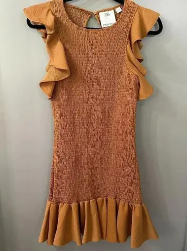 C/MEO COLLECTIVE Expired Mini Dress Smocked Dress Ruffles Gold Size Large US 8