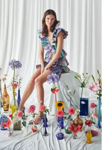 Celia B Acke Metalic Pleated Mini Dress Multi Womens Size Large Blue