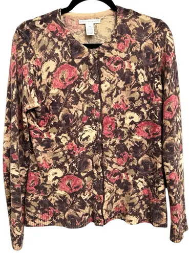 Vintage Sarah Spencer Women’s Floral Wool Angora Blend Sweater Cardigan Medium Brown
