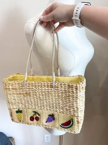 Vintage Y2K Braided Straw Fruit Bag Picnic Summer Boho Cottagecore Peasant Yellow