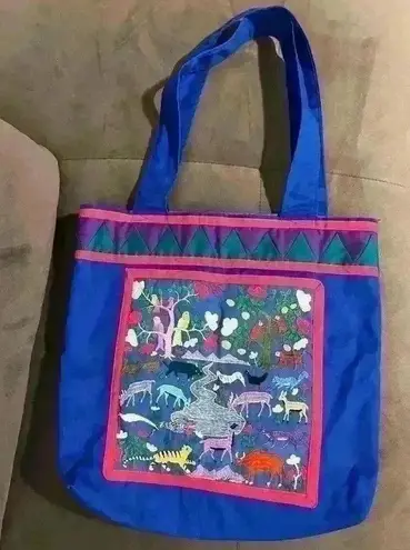 Quilted Blue Tote Bag with Animal Embroidery Boho Anthropologie Style