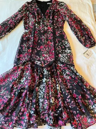 Danny & Nicole Black Floral Long Sleeve Midi Dress Berry Size 4 NWT