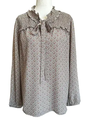 Pleione Brown Printed Lined Tie Bow Blouse Women's Top Size Medium | 26-21